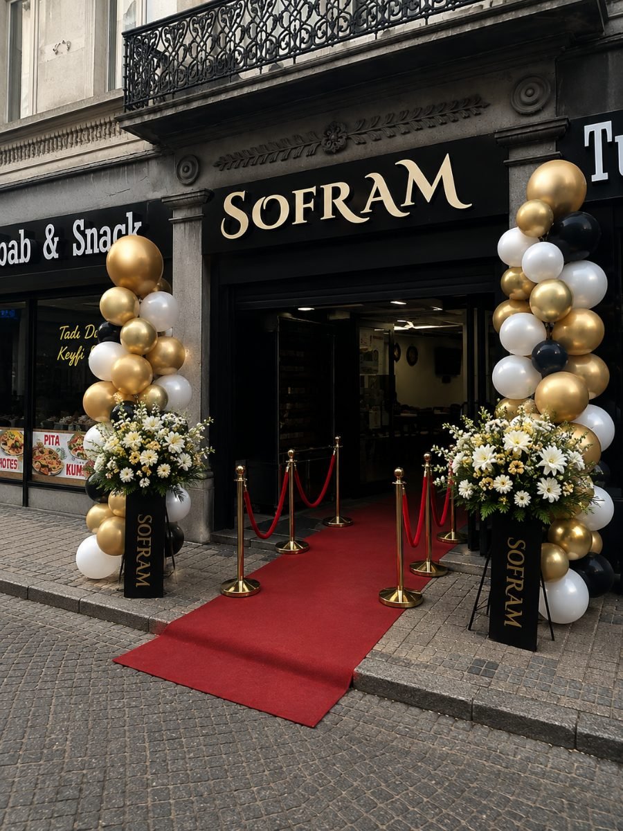 Feestelijke opening van SOFRAM in Lokeren met rode loper, gouden ballonnen en bloemen